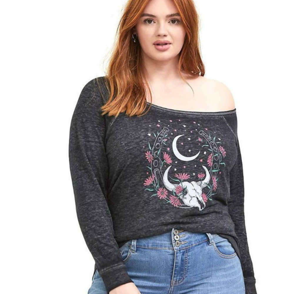 Torrid 2 (2X, 18/20) Floral Starry Moon Sky Bull Skull Burnout Off Shoulder Top